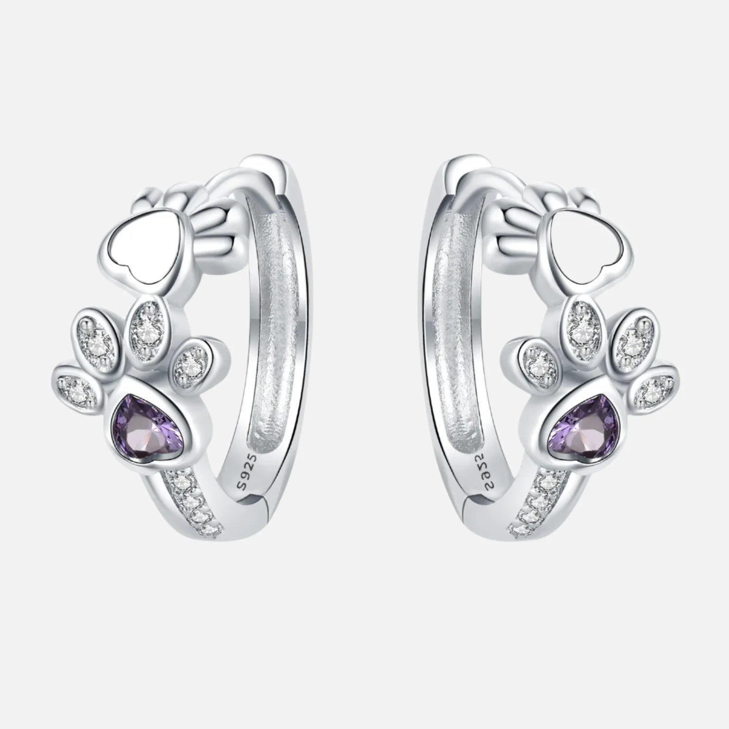 Paw Huggie Earrings in 925 Sterling Silver – With Zirconia and Heart Gem