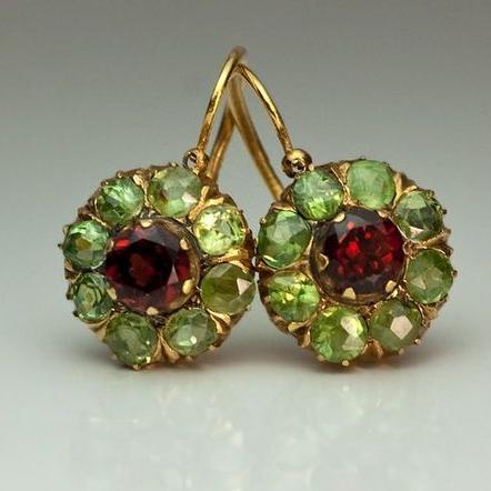 Vintage Rounded Green &amp; Red Crystal Earrings | Gold