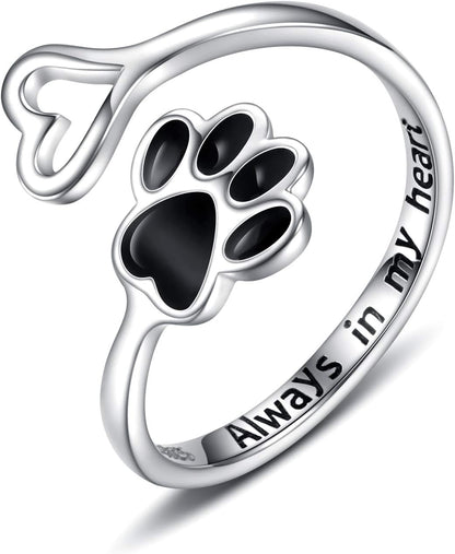 Handcrafted Paw &amp; Heart Ring – Adjustable 925 Sterling Silver