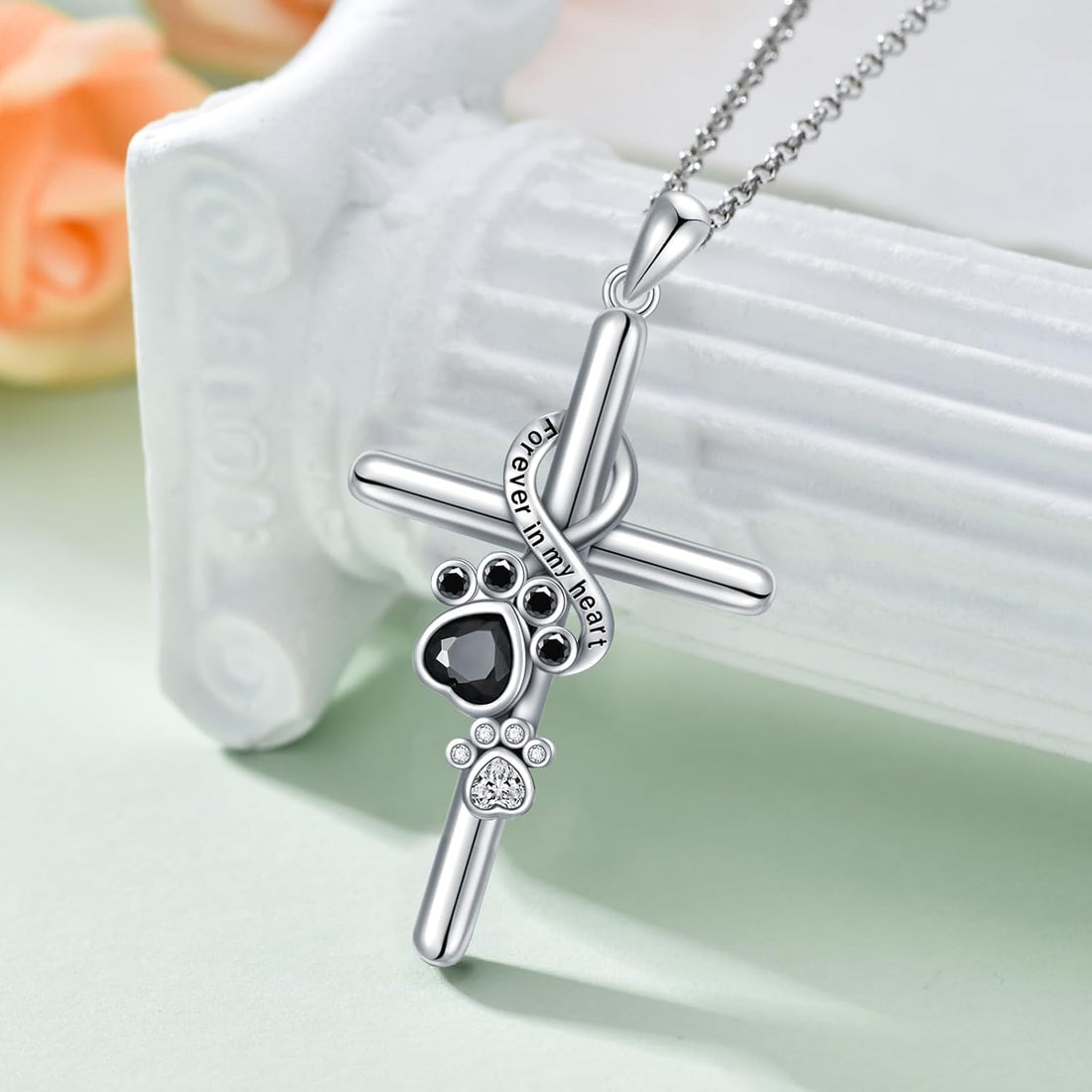 925 Sterling Silver Paw &amp; Cross Necklace