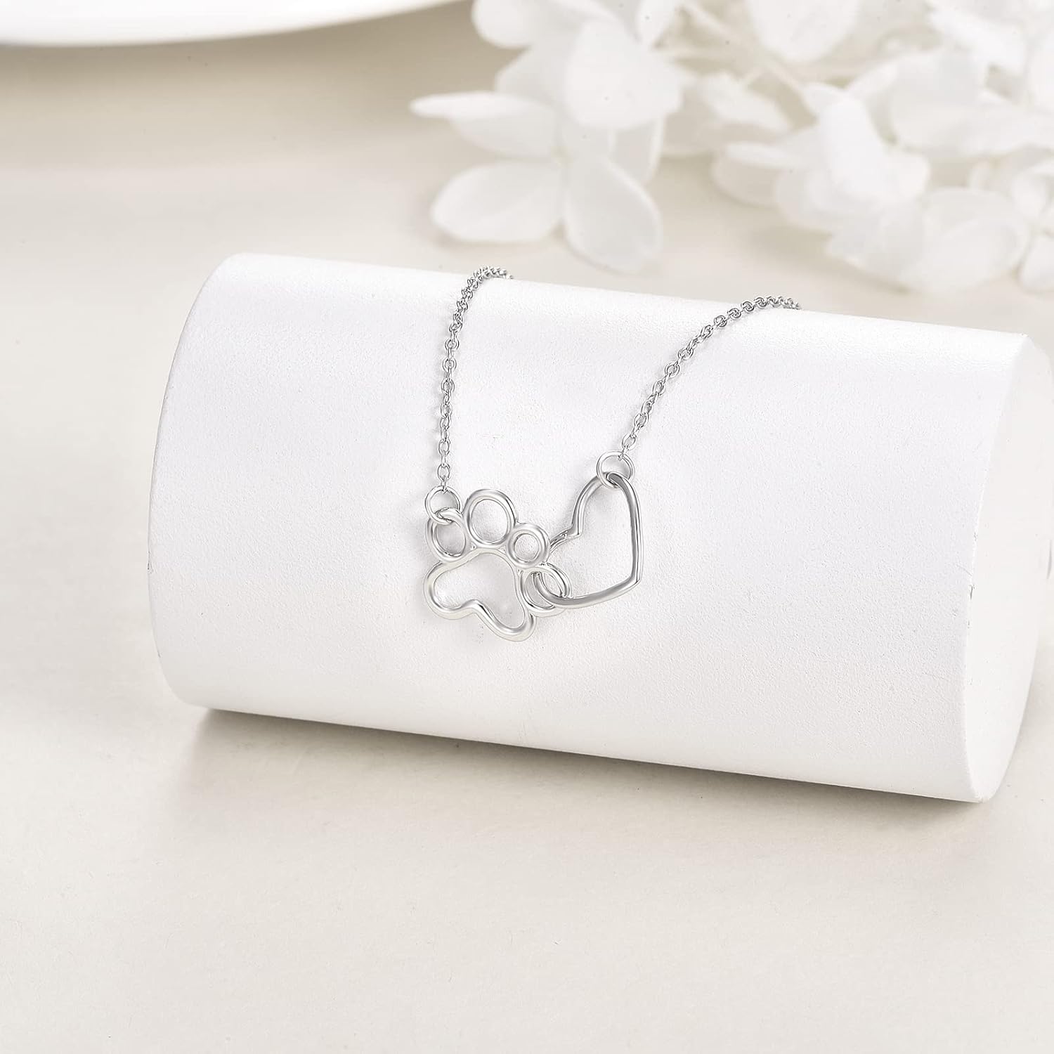 Sterling Silver Paw Print Necklace – Heart Crystal Pendant