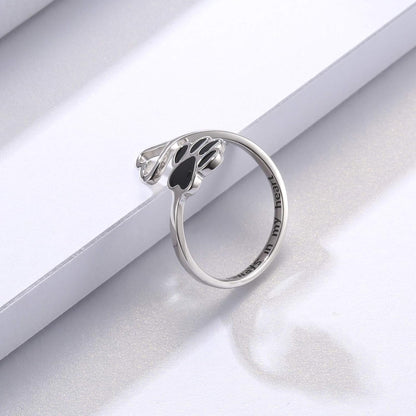 Handcrafted Paw &amp; Heart Ring – Adjustable 925 Sterling Silver