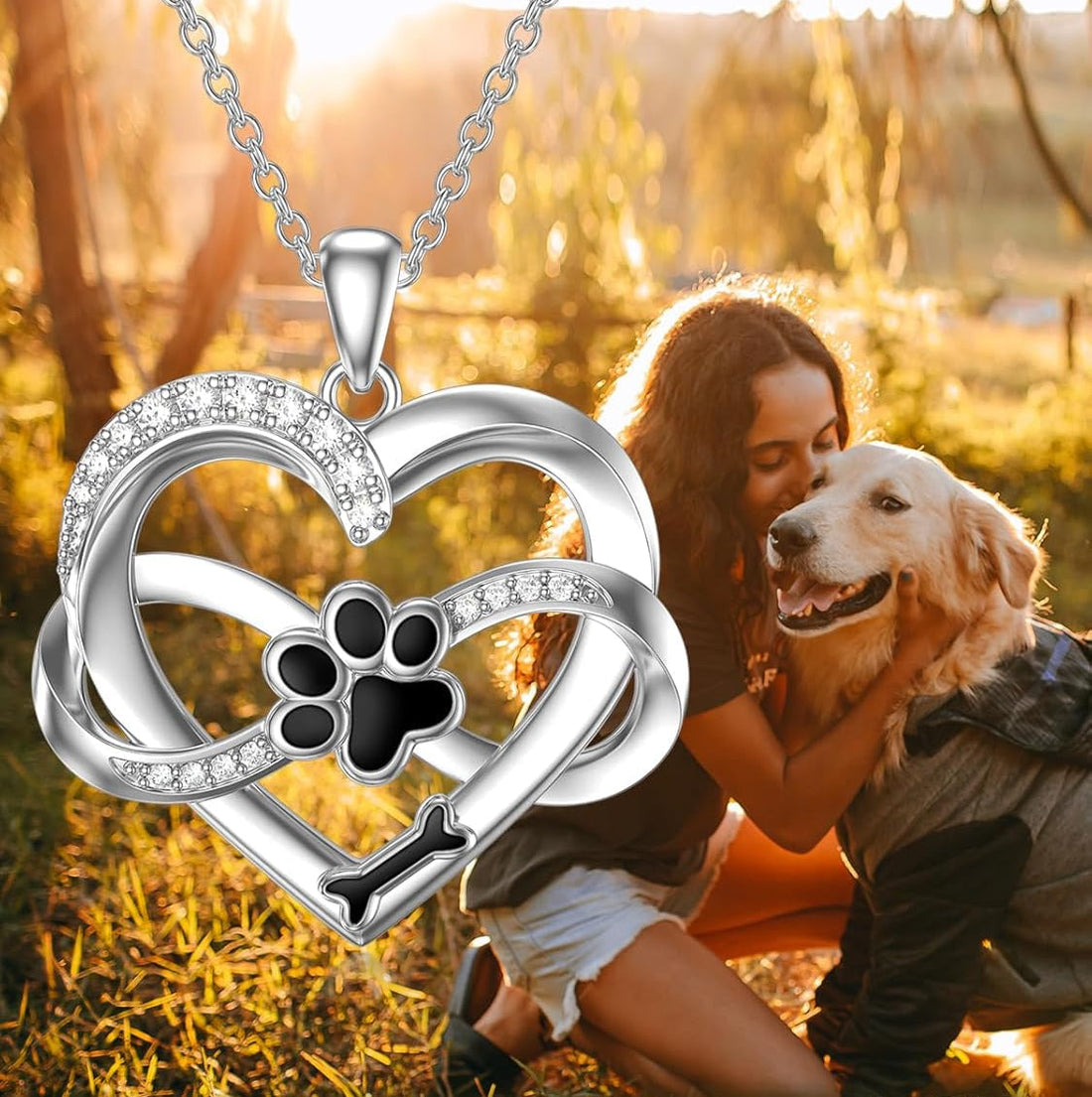 Infinity Heart &amp; Paw Necklace in 925 Sterling Silver with Zirconia