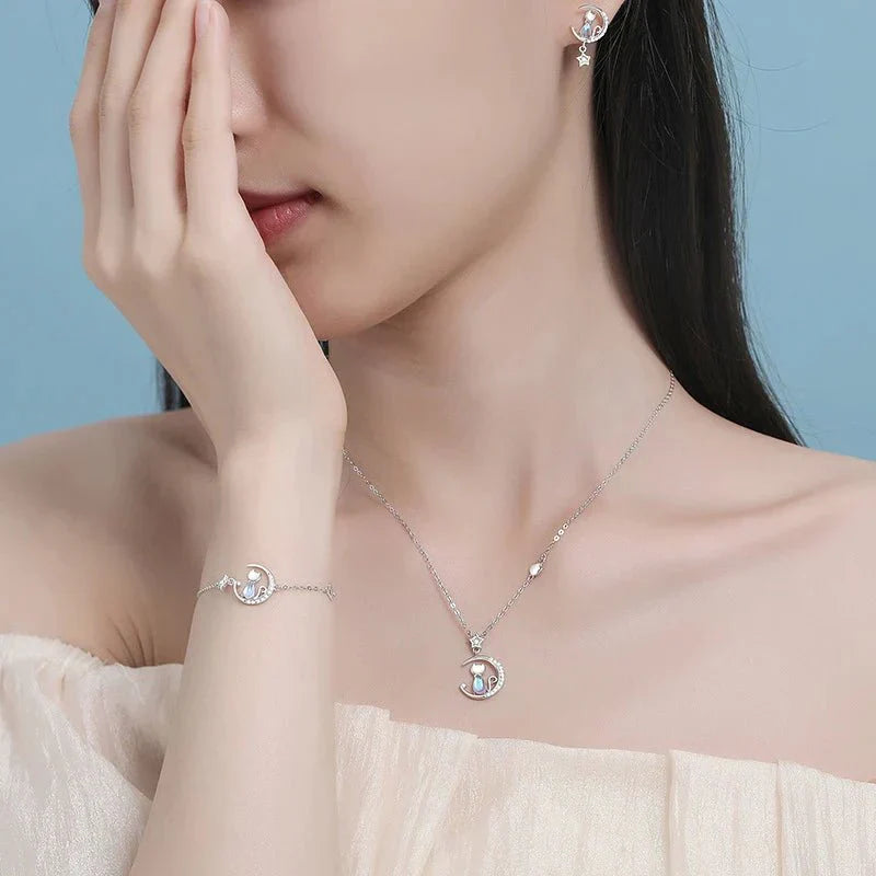 925 Sterling silver Moon &amp; Star Cat Earrings With Zircon