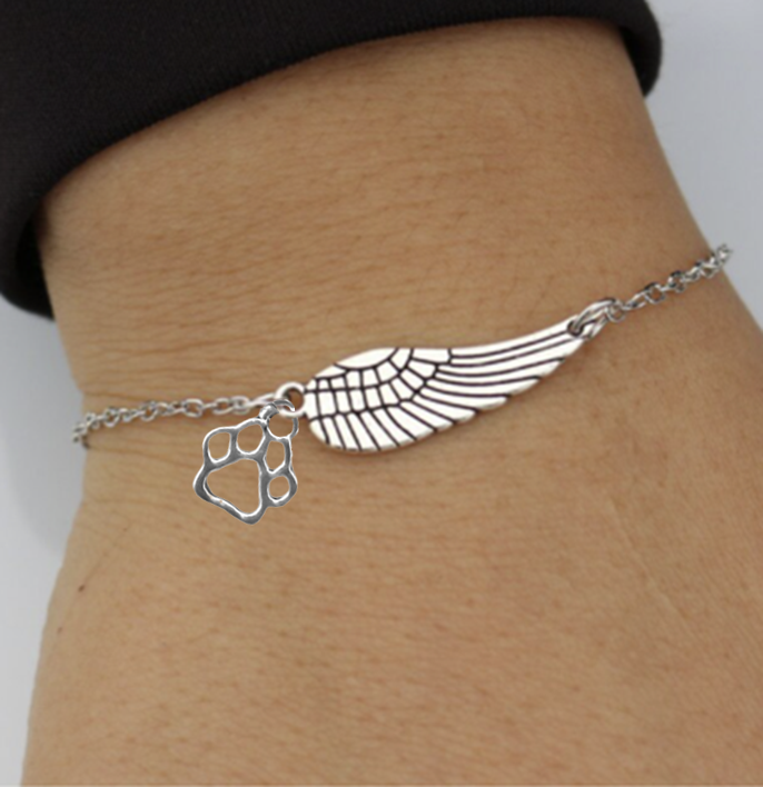 Silver Memorial Bracelet with Angel Wing &amp; Paw Print | Handmade