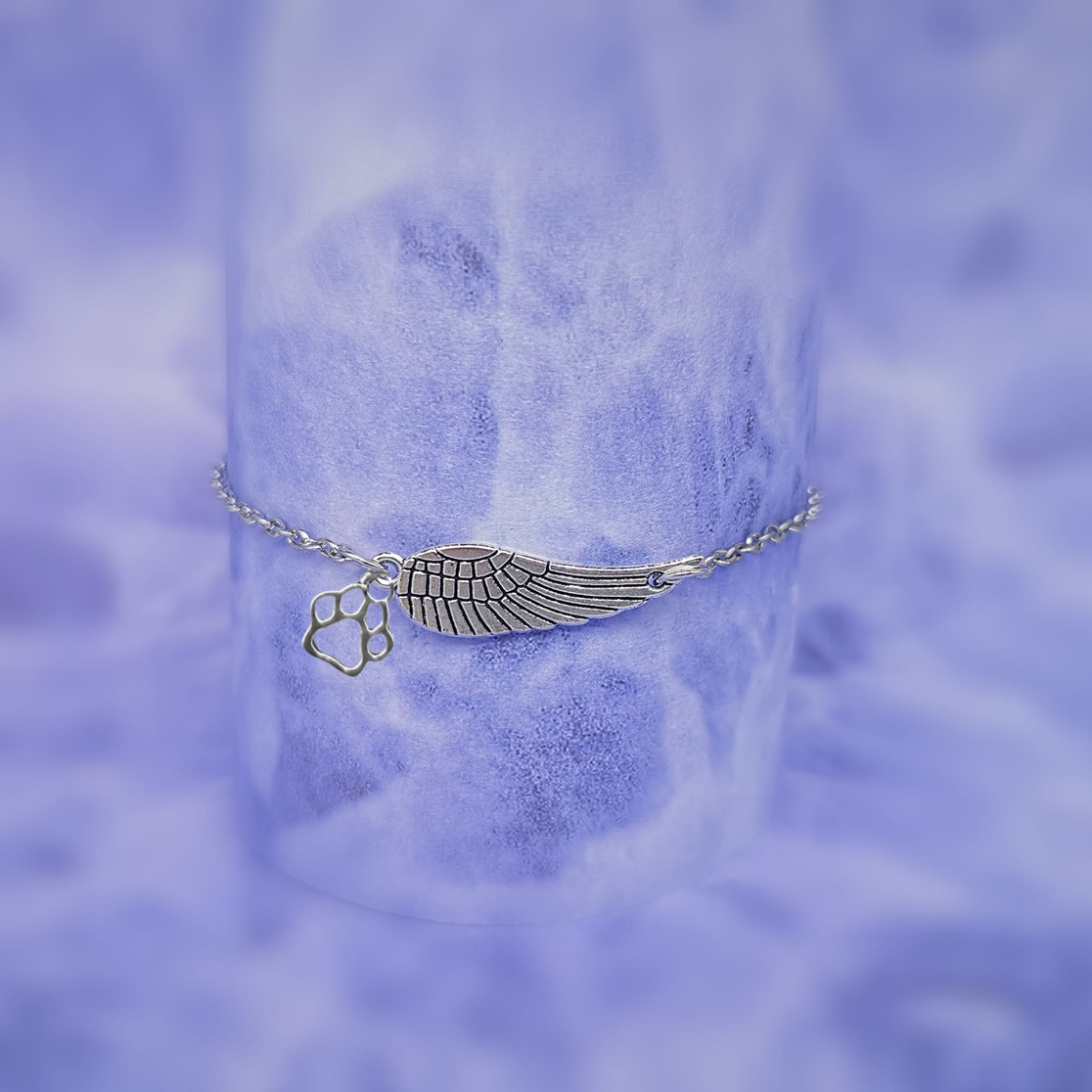 Silver Memorial Bracelet with Angel Wing &amp; Paw Print | Handmade