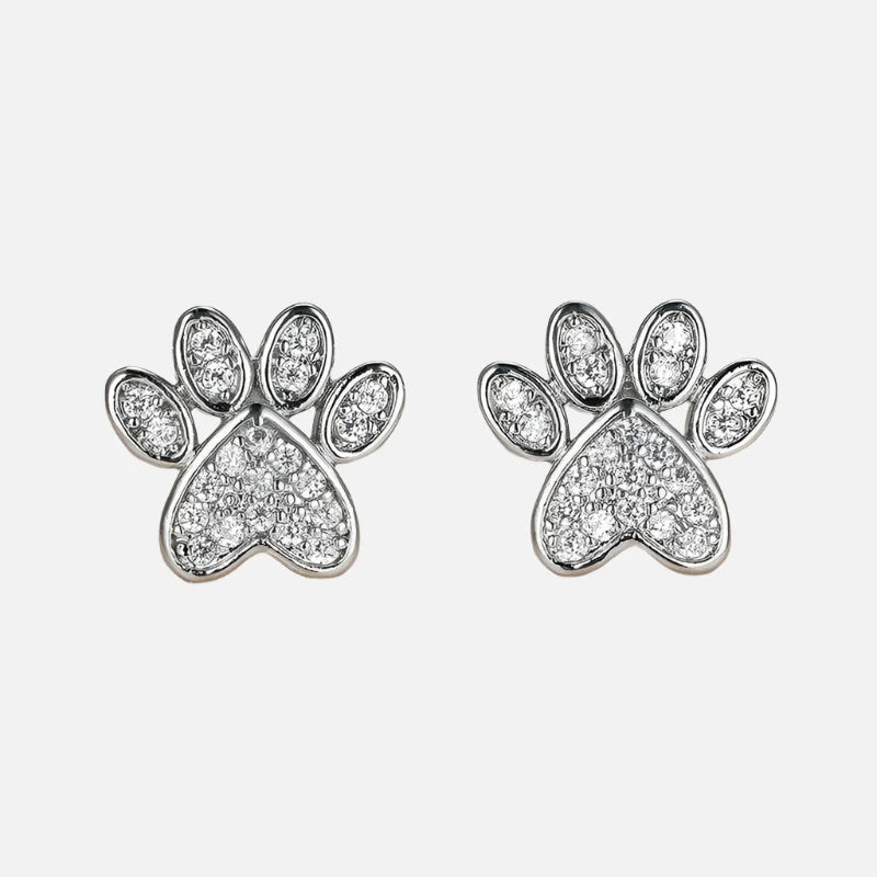White Zirconia Paw Studs – Heart-Shaped Design