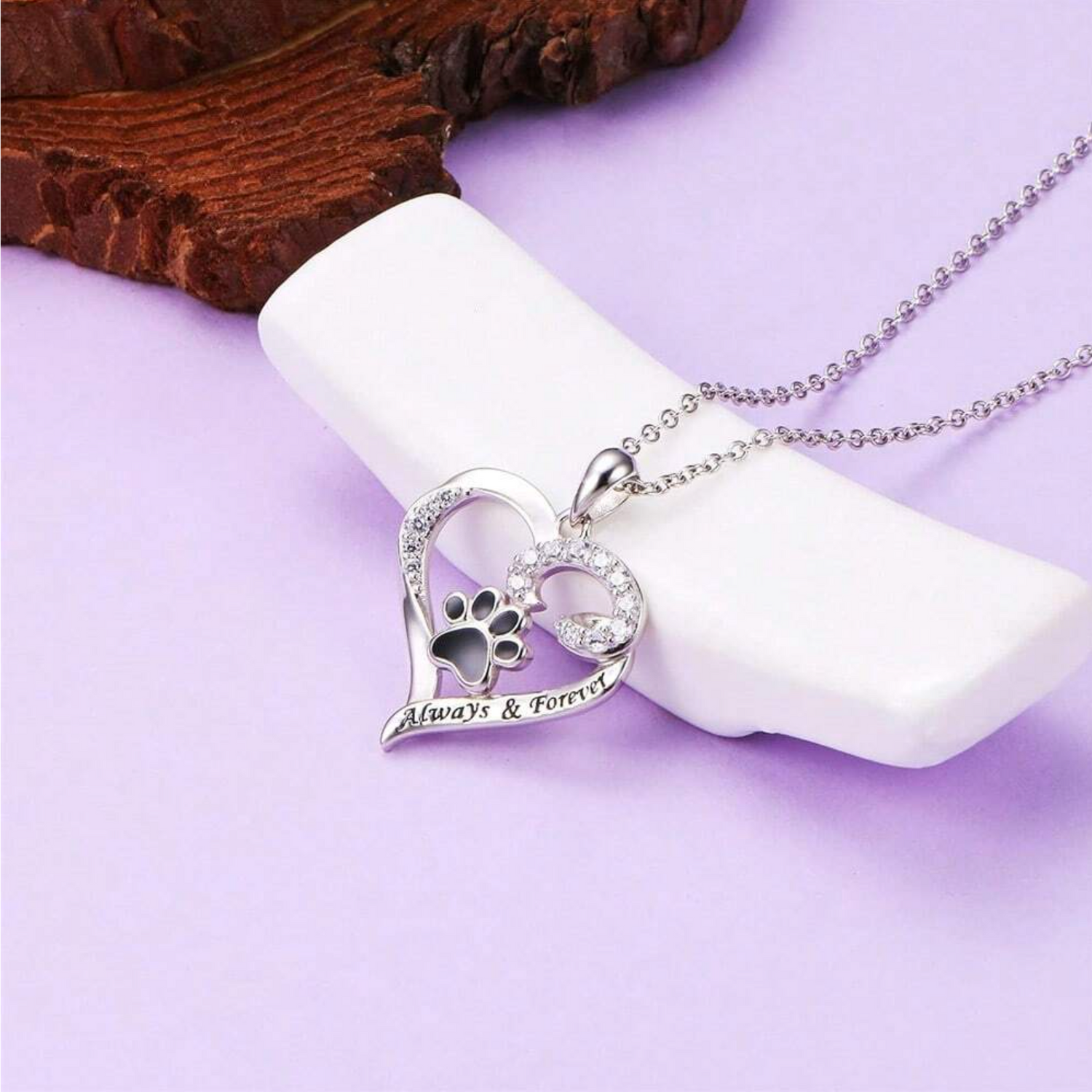 Dog Paw Necklace – Heart Design in Stainless Steel with Zirconia