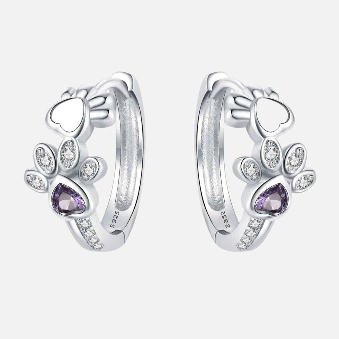 Paw Huggie Earrings in 925 Sterling Silver – With Zirconia and Heart Gem