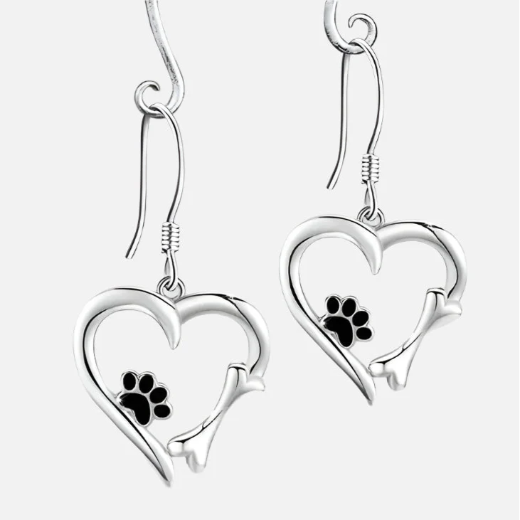Silver Drop Earrings with Heart &amp; Paw Design