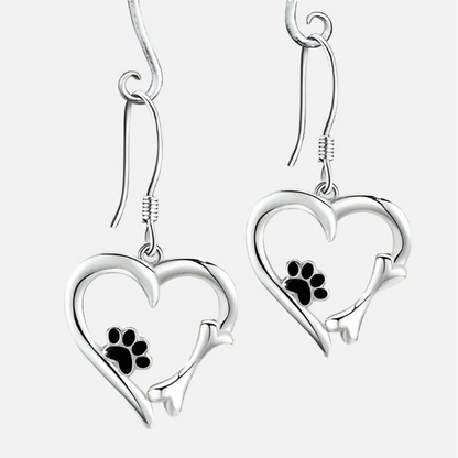 Silver Drop Earrings with Heart &amp; Paw Design