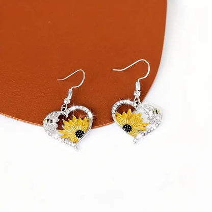 Vintage Boho Sunflower &amp; Bee Heart Dangle Earrings