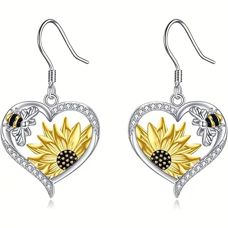 Vintage Boho Sunflower &amp; Bee Heart Dangle Earrings