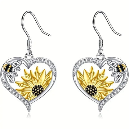 Vintage Boho Sunflower &amp; Bee Heart Dangle Earrings