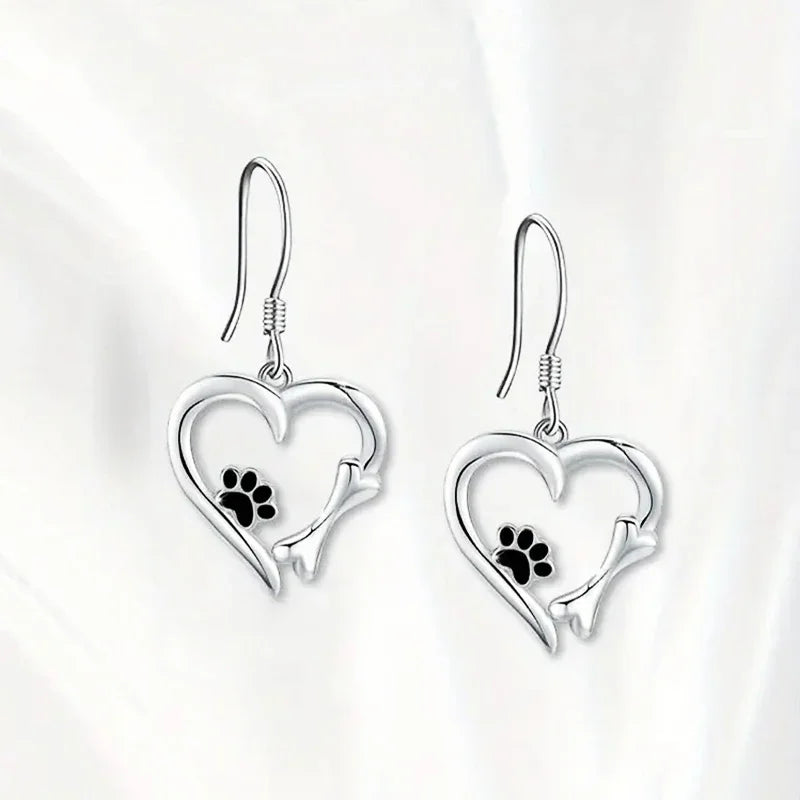 Silver Drop Earrings with Heart &amp; Paw Design