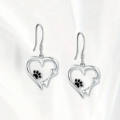 Silver Drop Earrings with Heart &amp; Paw Design