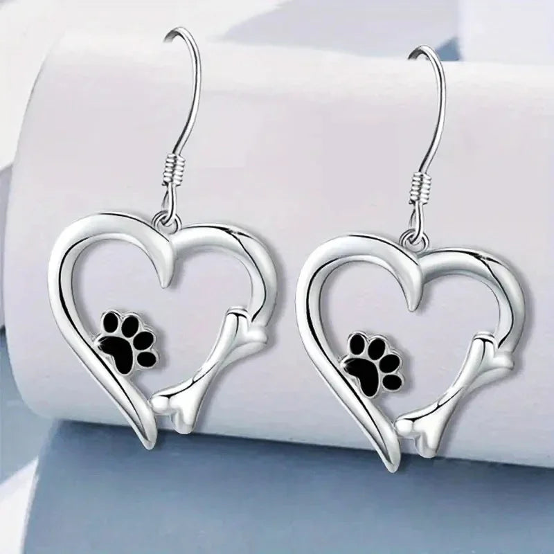 Silver Drop Earrings with Heart &amp; Paw Design