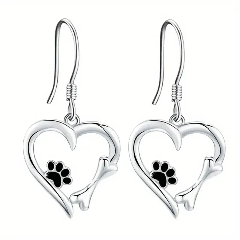 Silver Drop Earrings with Heart &amp; Paw Design