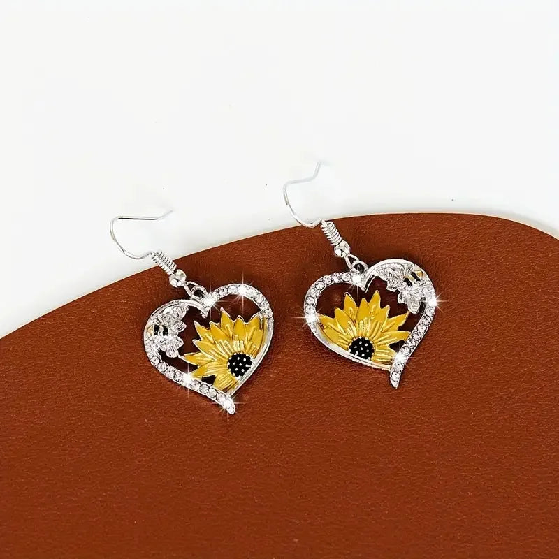 Vintage Boho Sunflower &amp; Bee Heart Dangle Earrings