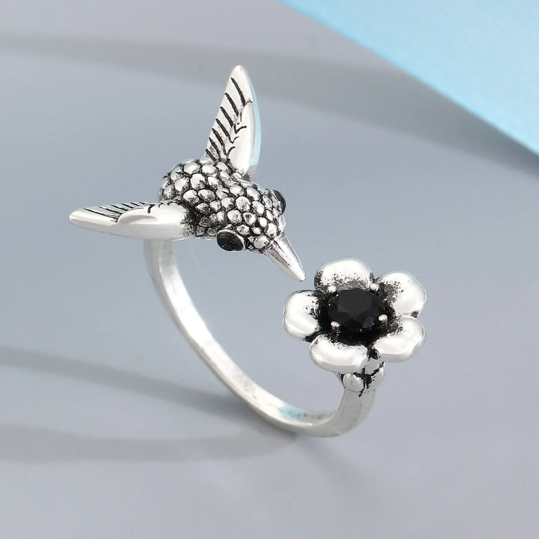 Hummingbird &amp; Flower Ring – Adjustable Open Bird Ring for Women