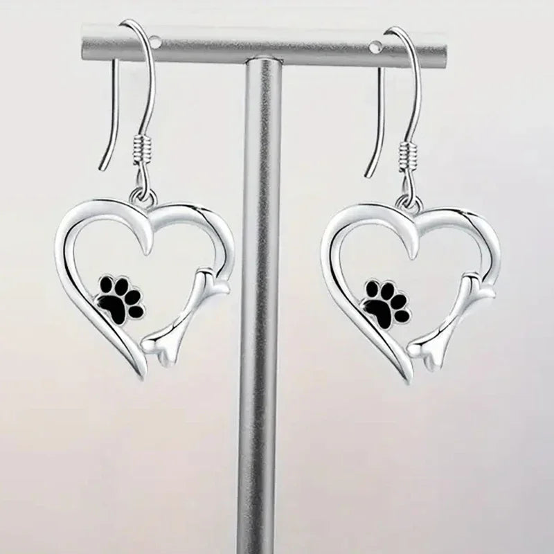 Silver Drop Earrings with Heart &amp; Paw Design