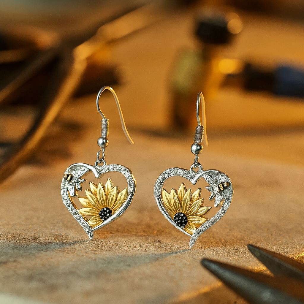 Vintage Boho Sunflower &amp; Bee Heart Dangle Earrings