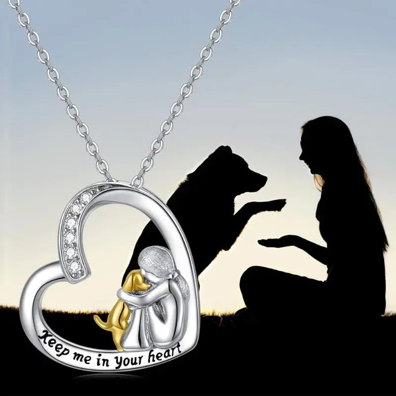 925 Sterling Silver Necklace – Heart &amp; Dog Design with Zirconia