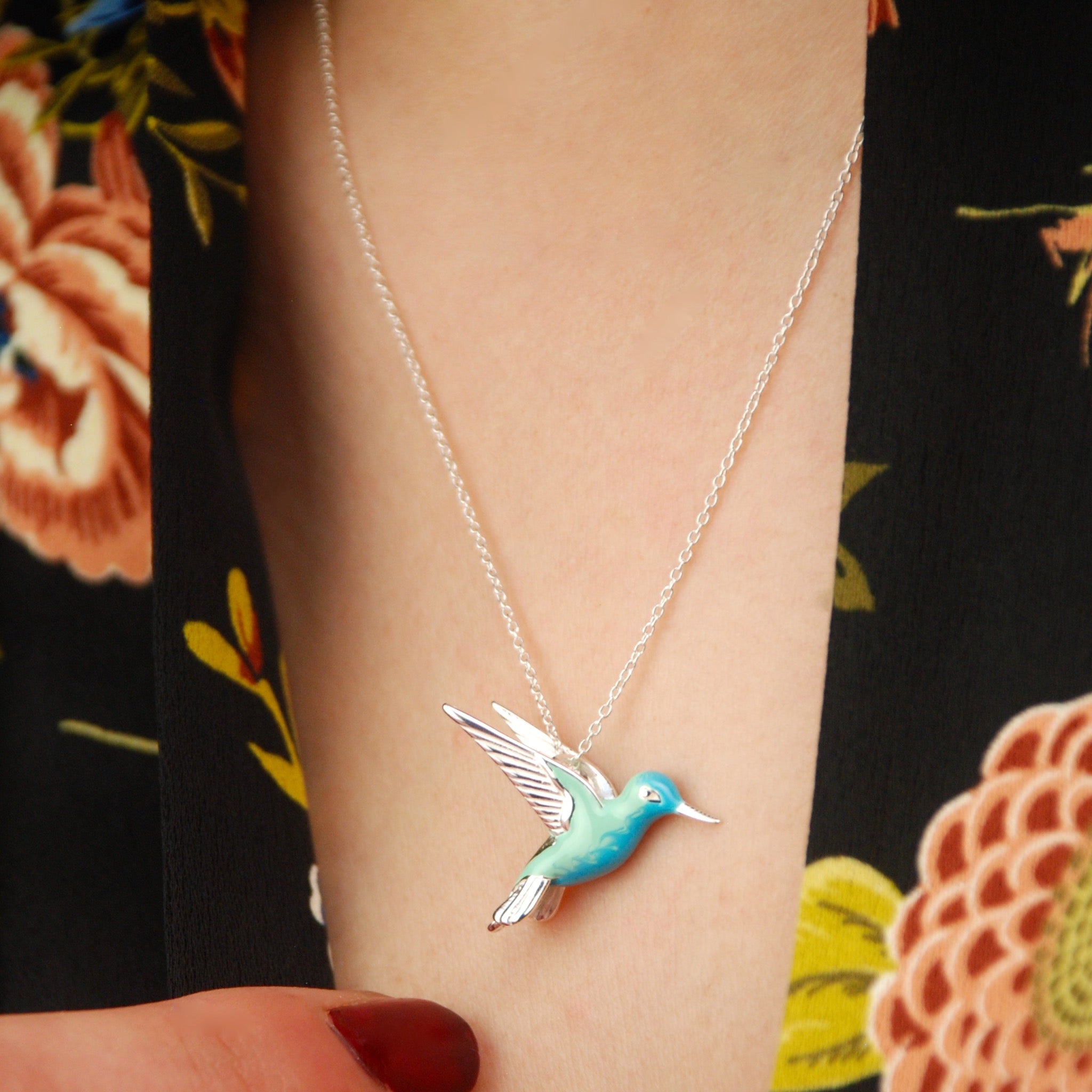 Sterling Silver Enamel Hummingbird Necklace