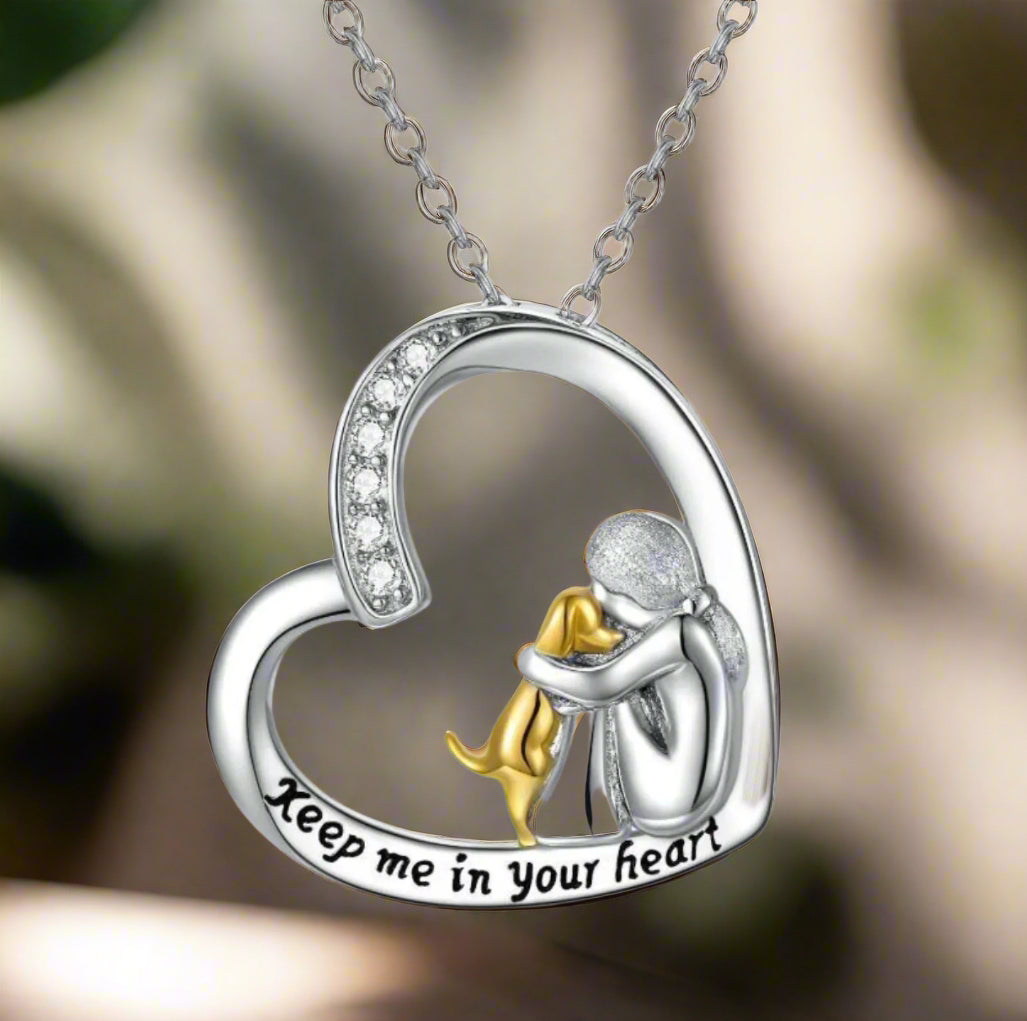 925 Sterling Silver Necklace – Heart &amp; Dog Design with Zirconia