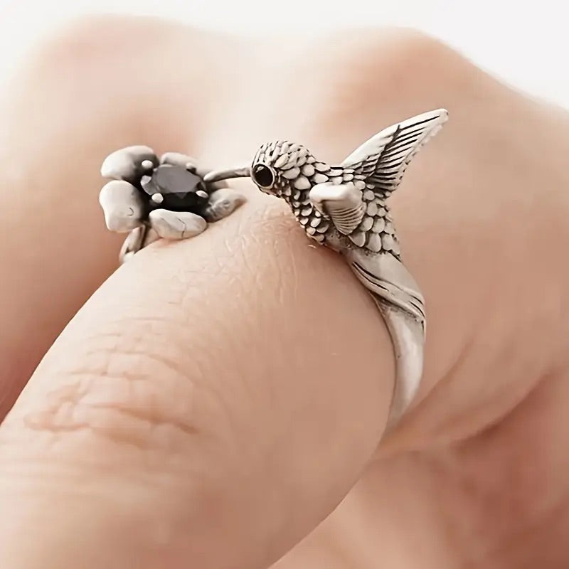 Hummingbird &amp; Flower Ring – Adjustable Open Bird Ring for Women