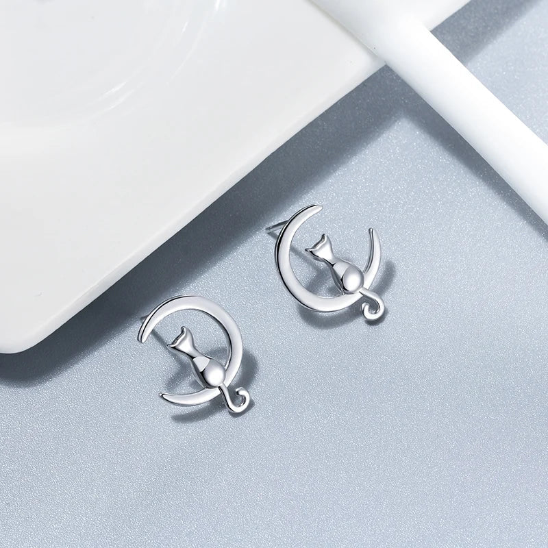 Moon &amp; Cat Sterling Silver Stud Cat Earrings