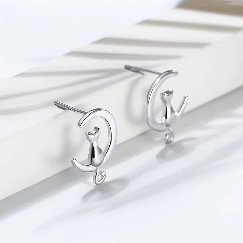 Moon &amp; Cat Sterling Silver Stud Cat Earrings