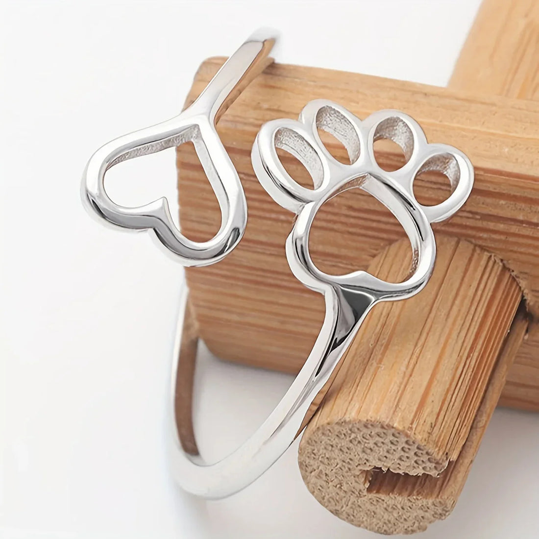 Handcrafted Paw &amp; Heart Ring – Adjustable 925 Sterling Silver