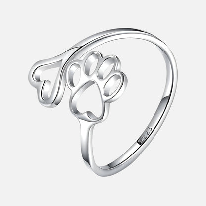 Handcrafted Paw &amp; Heart Ring – Adjustable 925 Sterling Silver