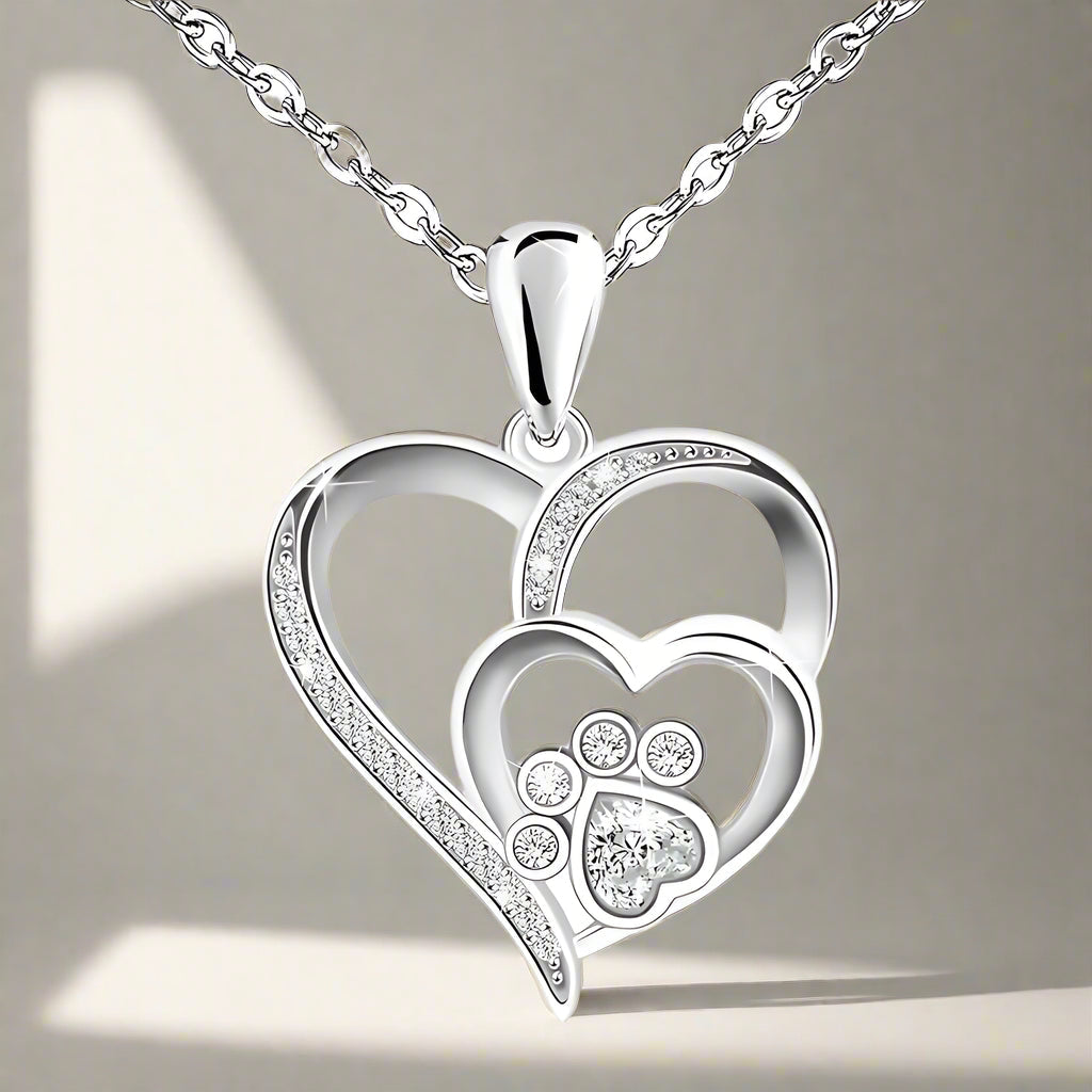 Sterling Silver Paw &amp; Heart Necklace with Zirconia