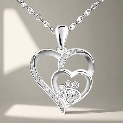 Sterling Silver Paw &amp; Heart Necklace with Zirconia